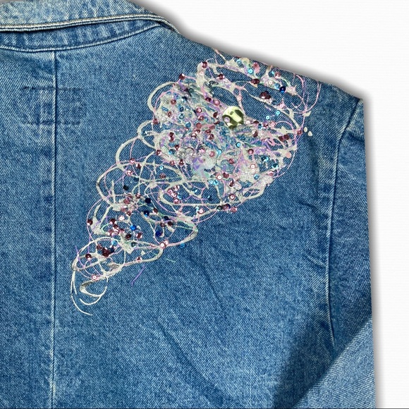 Sunbelt Vintage 90's Puffy Paint Denim Blazer Lapel Jacket Light Wash Blue Large - Picture 6 of 9